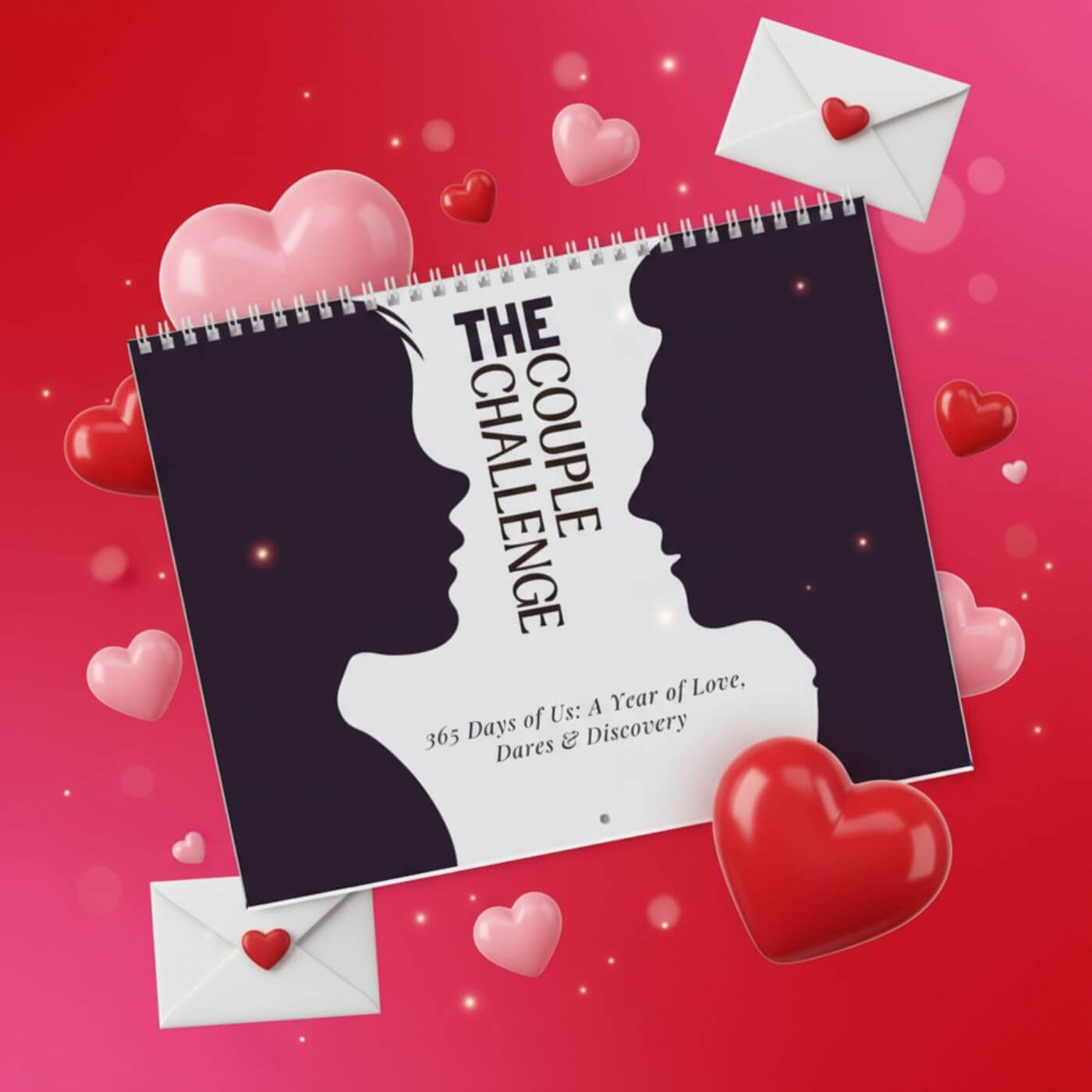 Couple's challenge book with heart designs on a red background